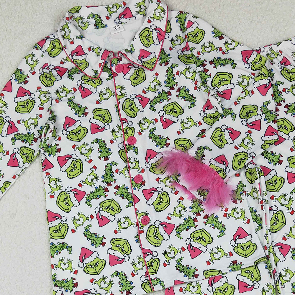 RTS NO MOQ （In stock）GLP2648 Adult women's pajamas set Pink Fur Christmas Pajamas with Green Face Button down Sleepwear for Holiday Comfort