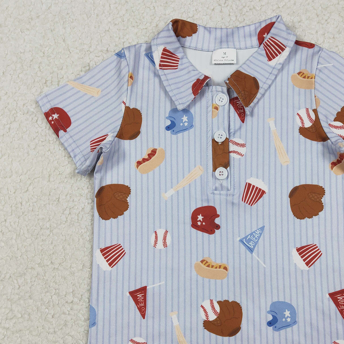 12.29 RTS NO MOQ （In stock）BT1580 Baby Boys Blue Stripe Baseballs Team Button Polo Shirts Top