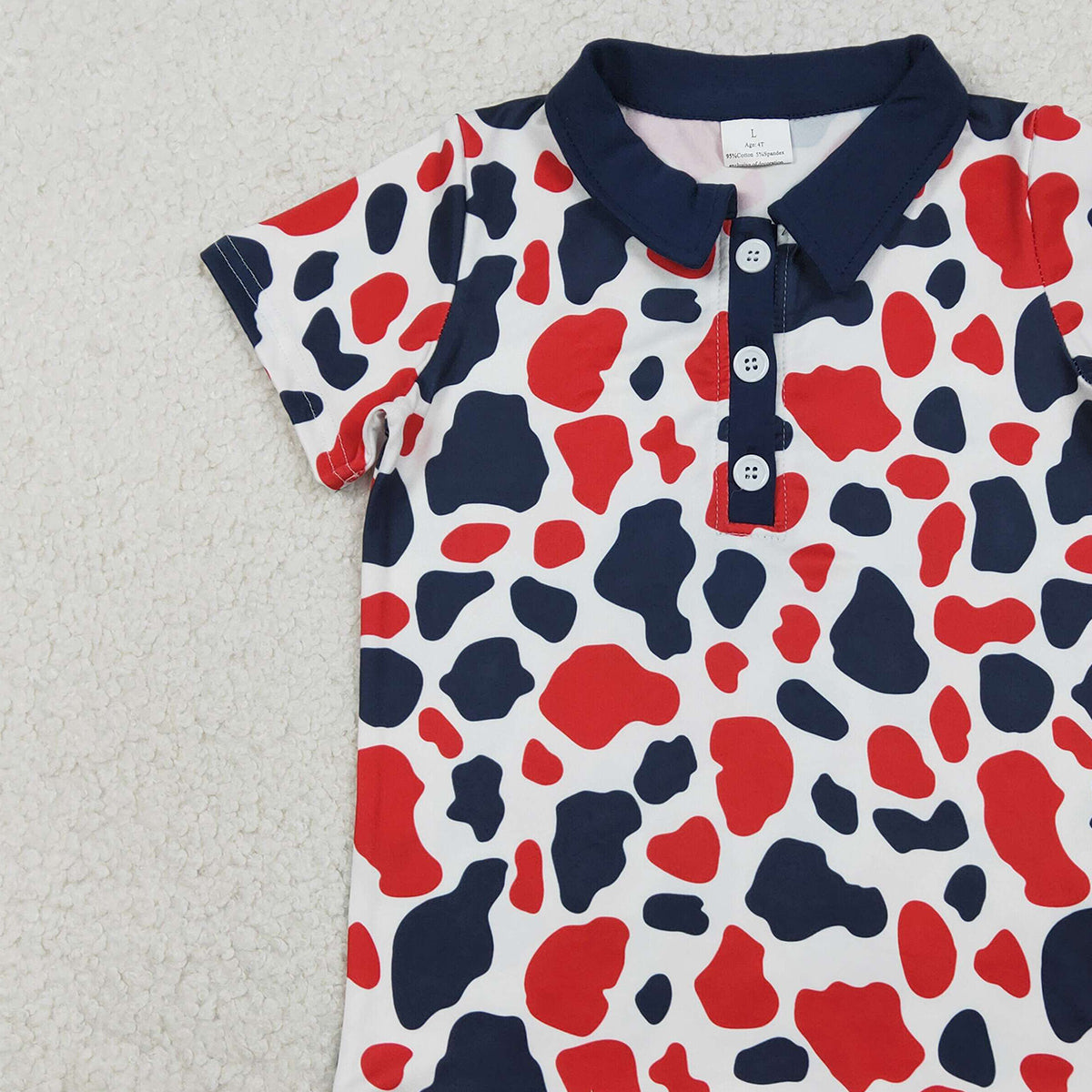 1.19 RTS NO MOQ （In stock）BT1657 Baby Boys Red Blue Cow Print 4th of July Button Polo Shirts Top