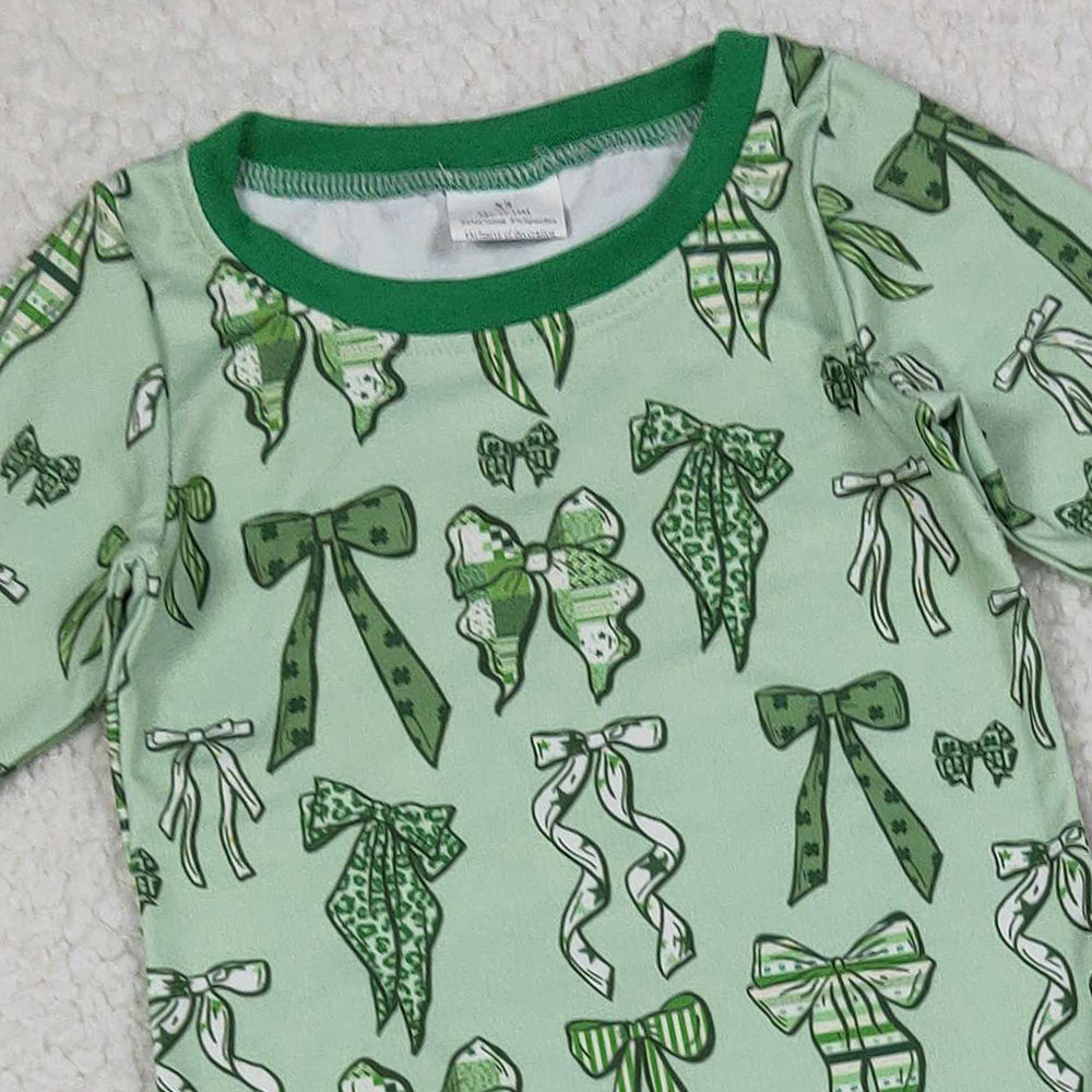 9.29 RTS NO MOQ （In stock）LR2654 Baby Girls Winter Rompers Baby Boys Green Clover Bows St Patrick Zipper Footie Rompers