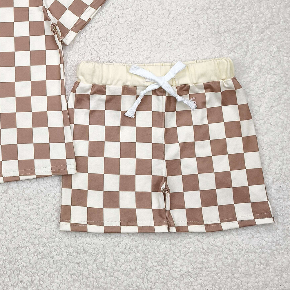 BSSO1422RTS NO MOQ  Baby Boys Summer Boys Outfits Khaki Plaid Baby Kids Summer Clothing Short Sleeve Comfortable Soft Polyester Square Patterned Romper for Infants