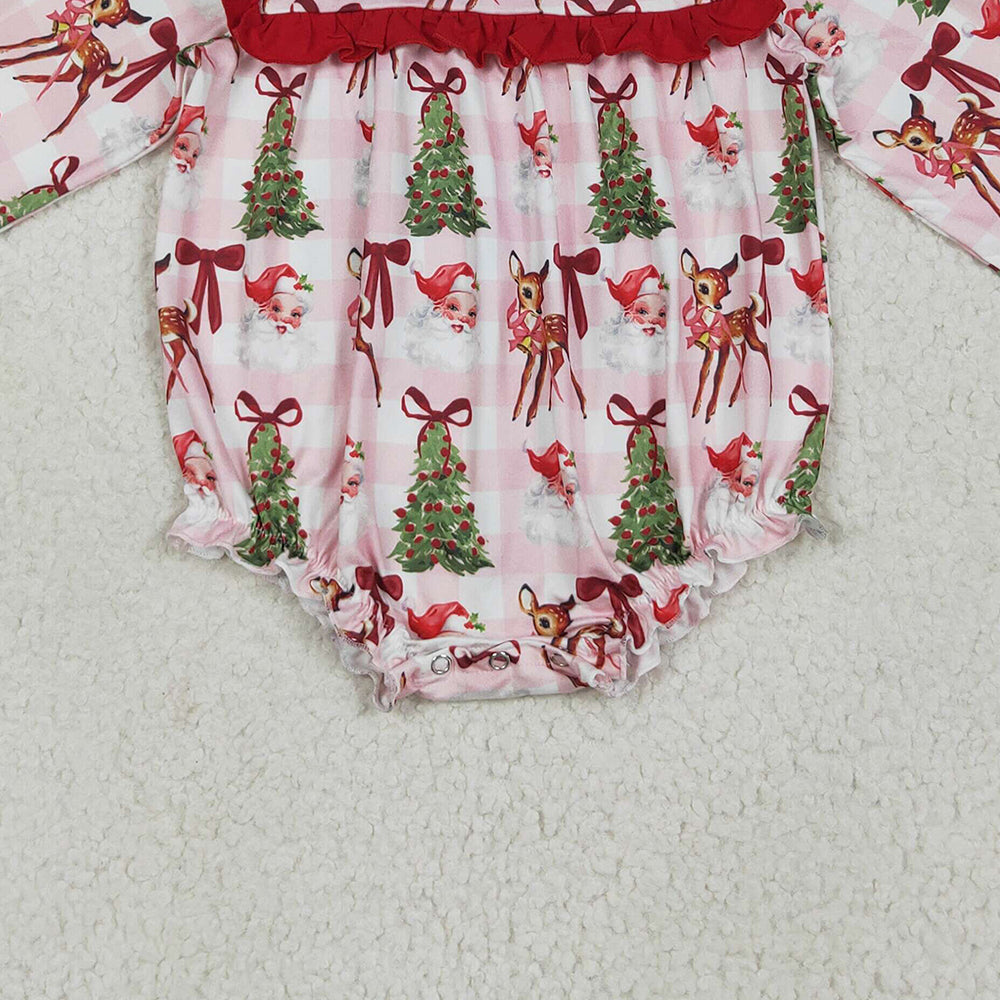 LR2274 RTS NO MOQ Baby Girls Winter Rompers Baby Girls Long Sleeves Pink Plaid Santa Trees Ruffle Rompers