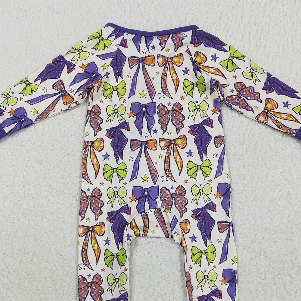 8.20 RTS NO MOQ （In stock）LR2403 Baby Girls Winter Rompers Baby Girls Long Sleeves Purple Bows Zipper Footie Rompers
