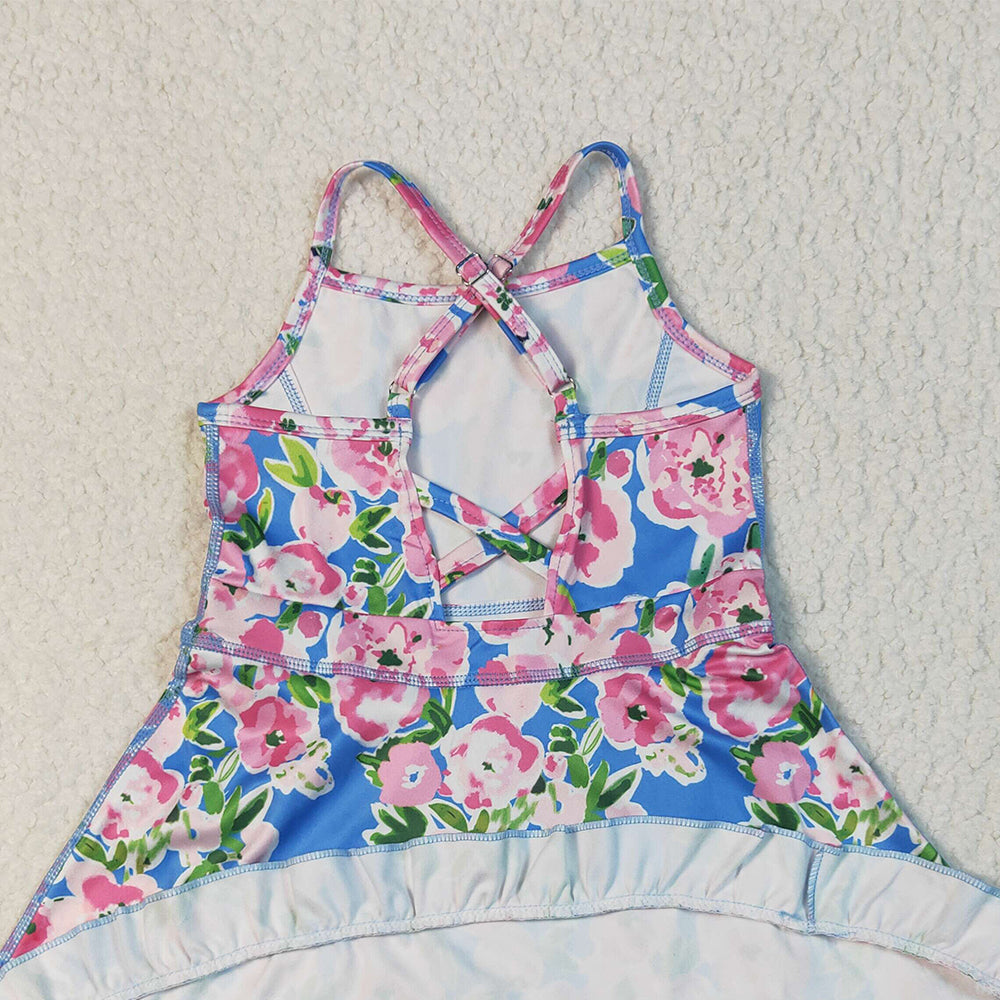 RTS NO MOQ （In stock）GSD2284 Baby Girls Summer Yoga Dress Baby Girls Blue Strap Colorful Floral Yoga Ruffle Knee Length Dresses