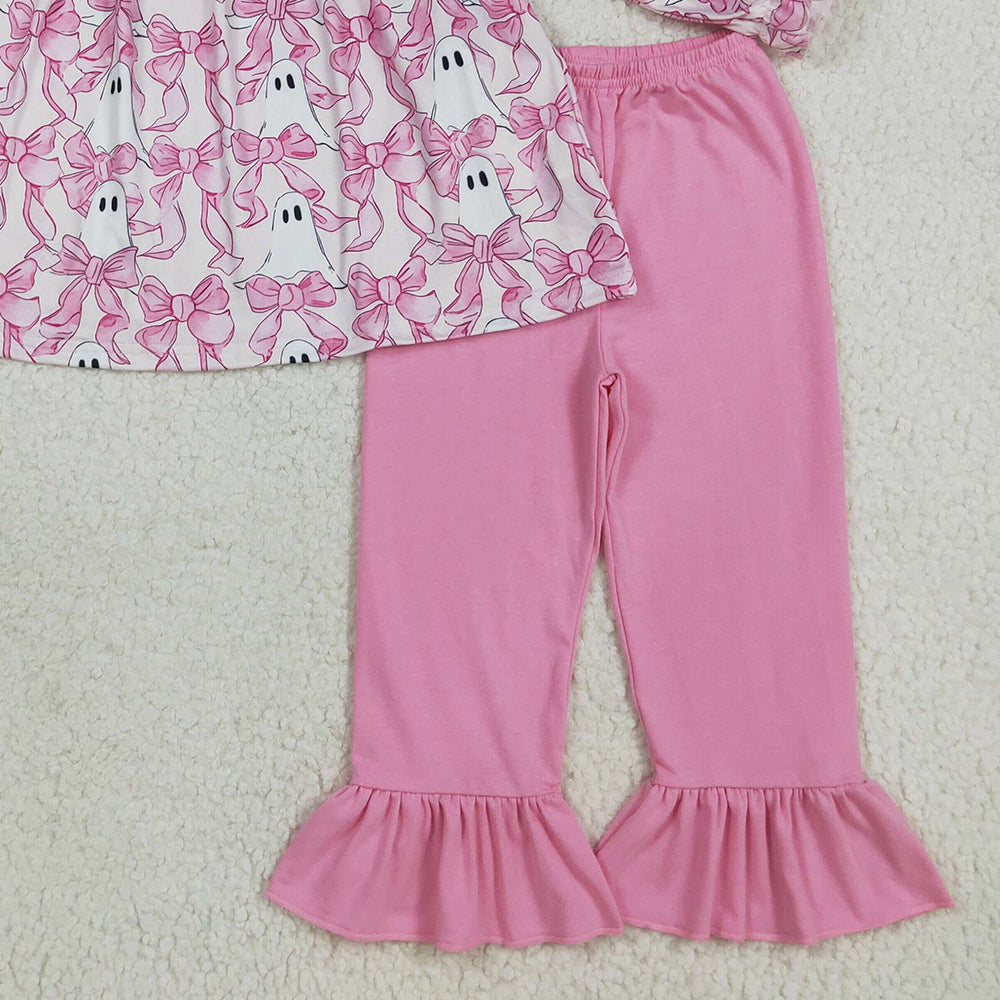 RTS NO MOQ （In stock）GLP2362 Baby Girls Winter Outfits Baby Girls Halloween Pink Bows Ghosts Tunic Ruffle Pant Sets