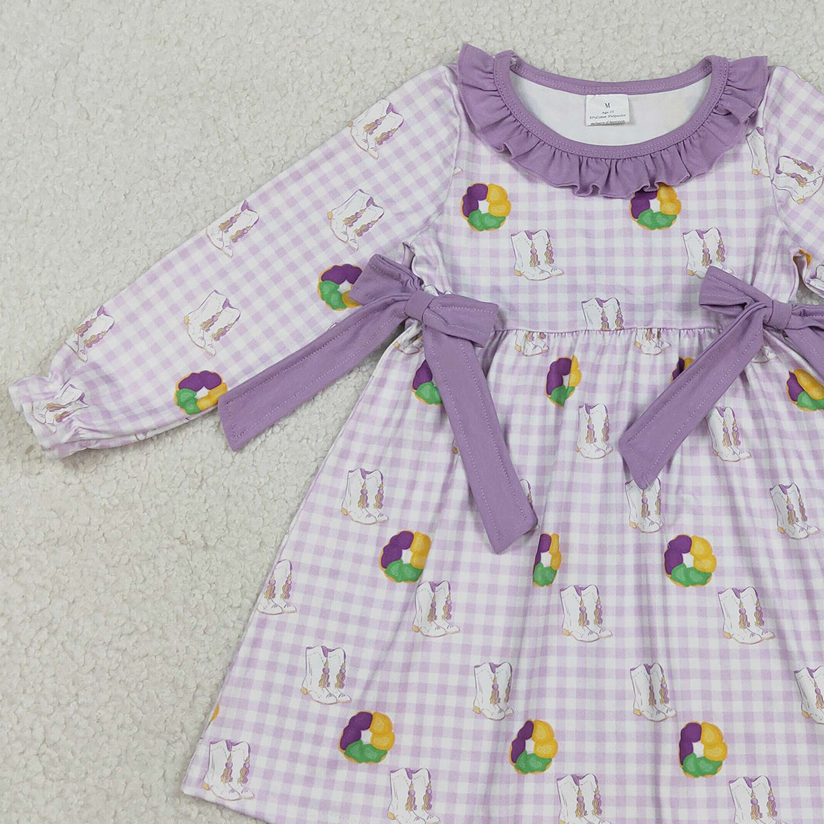 12.12 RTS NO MOQ （In stock）GLD1379 Baby Girls Winter Dress Baby Girls Purple Checked Boots Donuts Bows Mardigras Knee Length Dresses