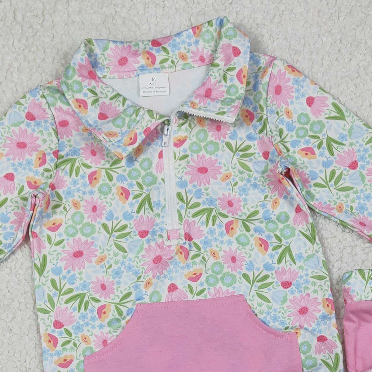 1.7 RTS NO MOQ （In stock）GLP3282 Baby Girls Colorful Flowers Zip Pocket Pullovers Jogger Pants Clothes Sets