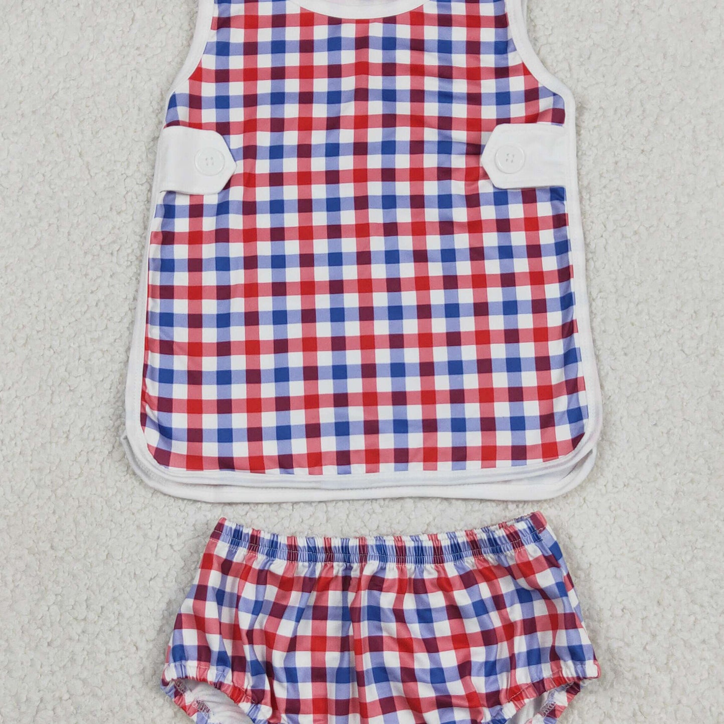 GBO0530 RTS NO MOQ （In stock）Red blue plaid top bummies baby boys 4th of july set