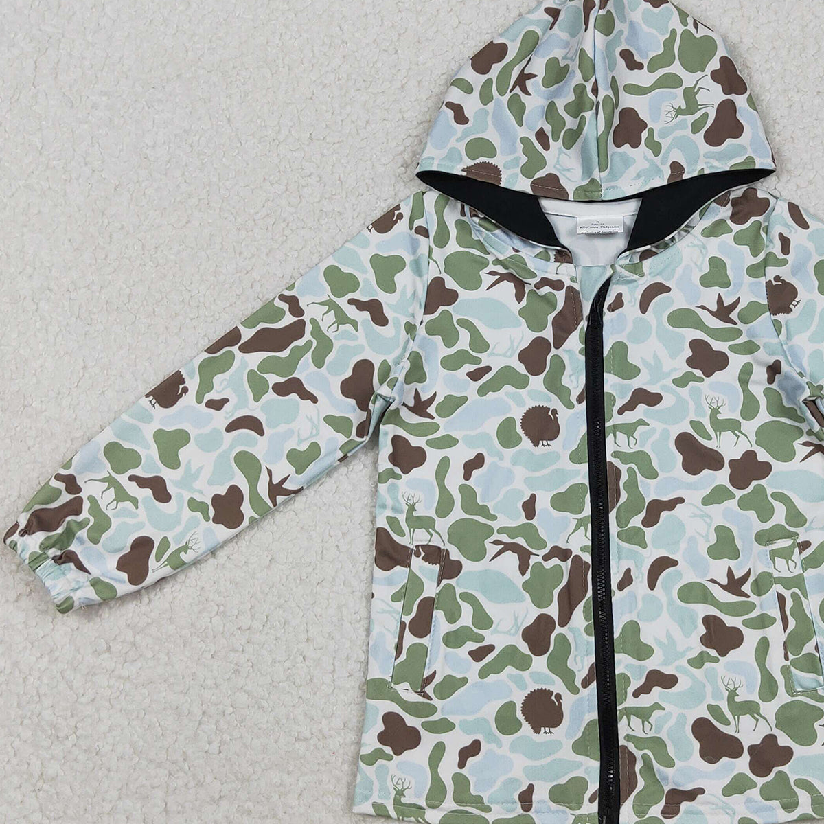 11.3 RTS NO MOQ （In stock）BT1399 Baby Boys Green Brown Deer Camo Pockets Zipper Southern Hoodies Top