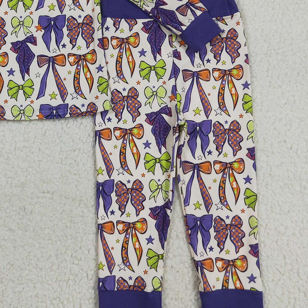 8.23 RTS NO MOQ （In stock）GLP2566 Baby Girls Winter Outfits Baby Girls Purple Green Bows Stars Plaid Top Pant Pajamas Set