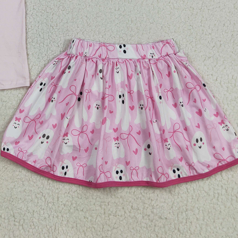 RTS NO MOQ （In stock）GSD2776Baby Girls Skirt Sets Baby Girls Pink Spooky Top Ghosts Bows Plaid Skorts Halloween Set