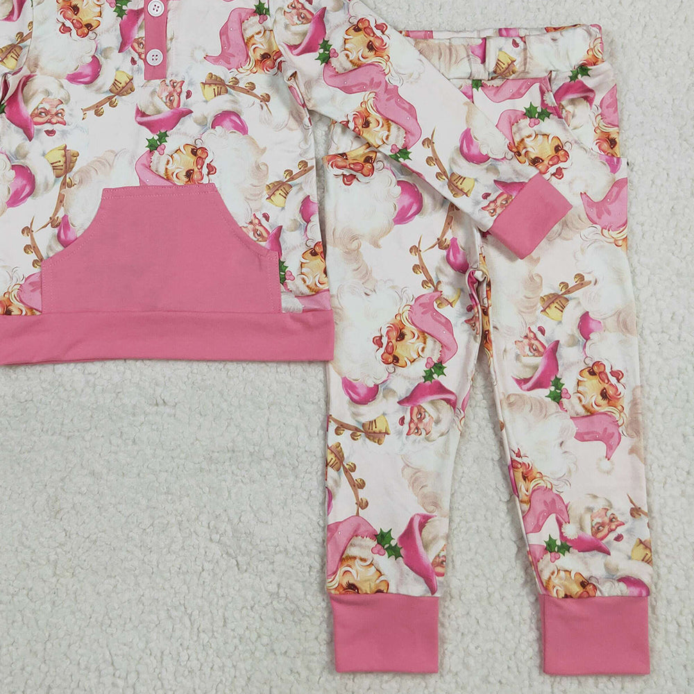 RTS NO MOQ （In stock）GLP2474  Baby Girls Winter Outfits Baby Girls Pink Christmas Santa Button Hoodies Pockets Pant Sets