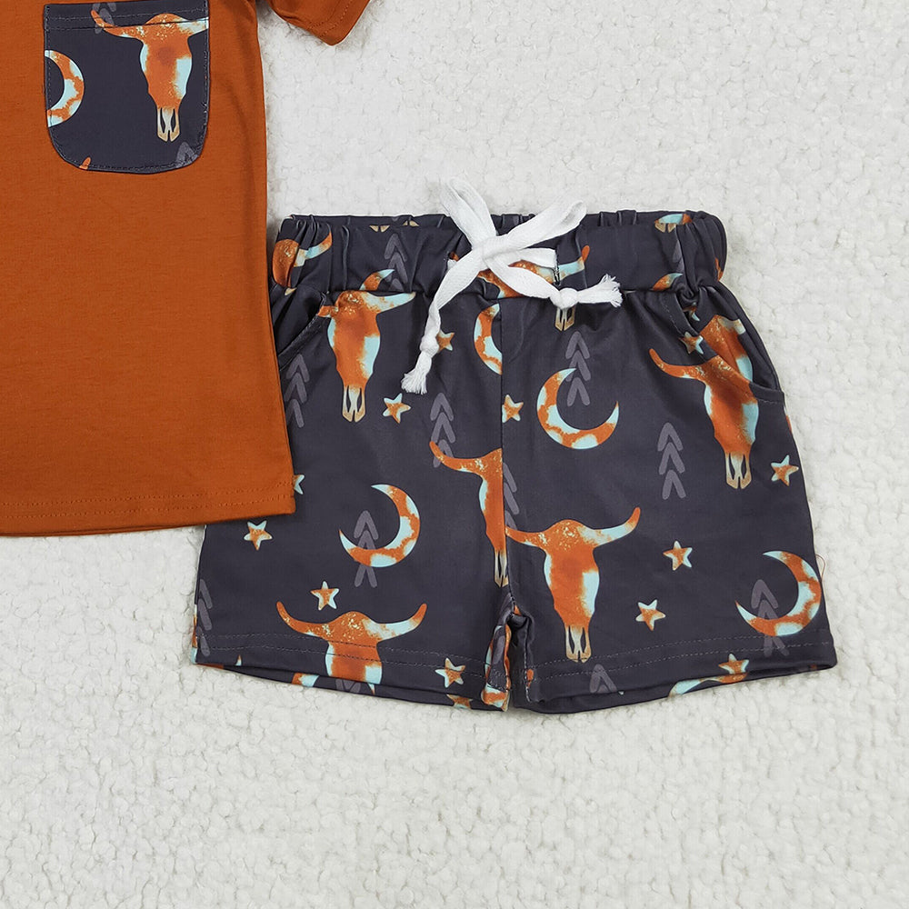 8.11  BSSO0758 RTS NO MOQ  Baby Boys Summer Boys Outfits Baby Boys Brown Shirt Top Cow Stars Western Shorts Clothes Sets