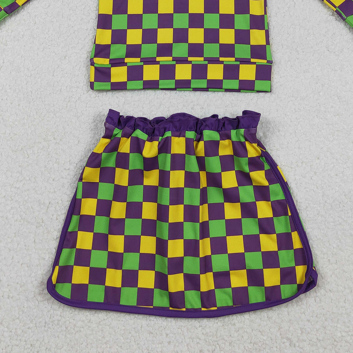 12.15 RTS NO MOQ （In stock）GLD1362 Baby Girls Mardigras Checked Zipper Pullovers Skirt Shorts Yoga Clothes Set