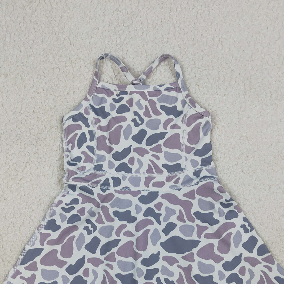 3.19 RTS NO MOQ （In stock）GSD2308 Kids Fashion Clothes Baby Girls Strap Light Gray Camo Yoga Active Shorts Ruffle Knee Length Dresses