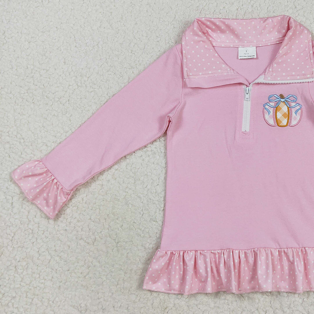 RTS NO MOQ （In stock）GT1112 Baby Girls Long Sleeve Tops Embroidery Baby Girls Pink Long Ruffle Sleeves Pumpkins Zipper Pullover Top