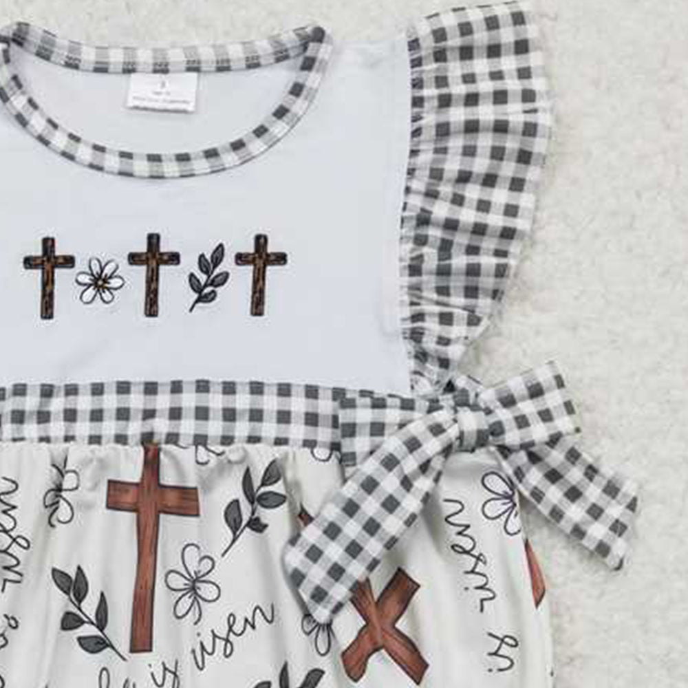 SR0813Cross Floral Baby Girls Easter Romper with Flutter Sleeves Girls Outfit Spring Clothing Toddler Dresses