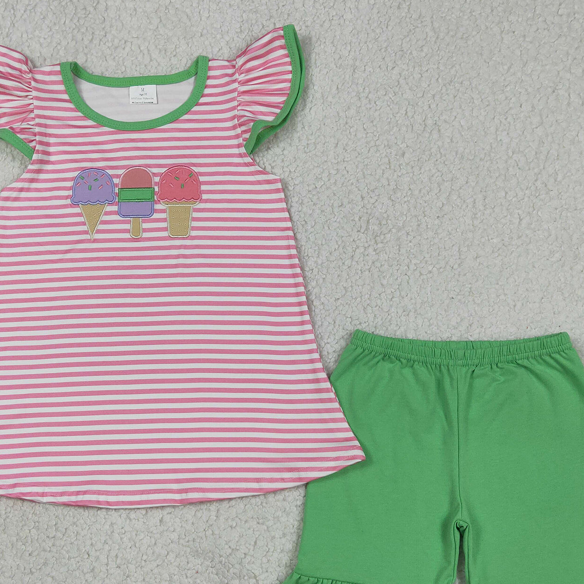GSSO2349 RTS NO MOQ （In stock ）Pink stripe popsicle top green shorts girls summer clothes
