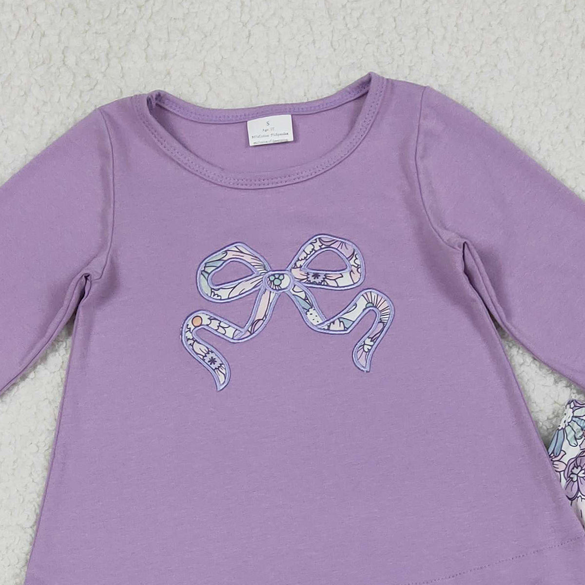 1.15 RTS NO MOQ （In stock）GLP3019 Embroidery Floral Bows Baby Girls Purple Scallop Tunic Ruffle Pants Clothes Sets