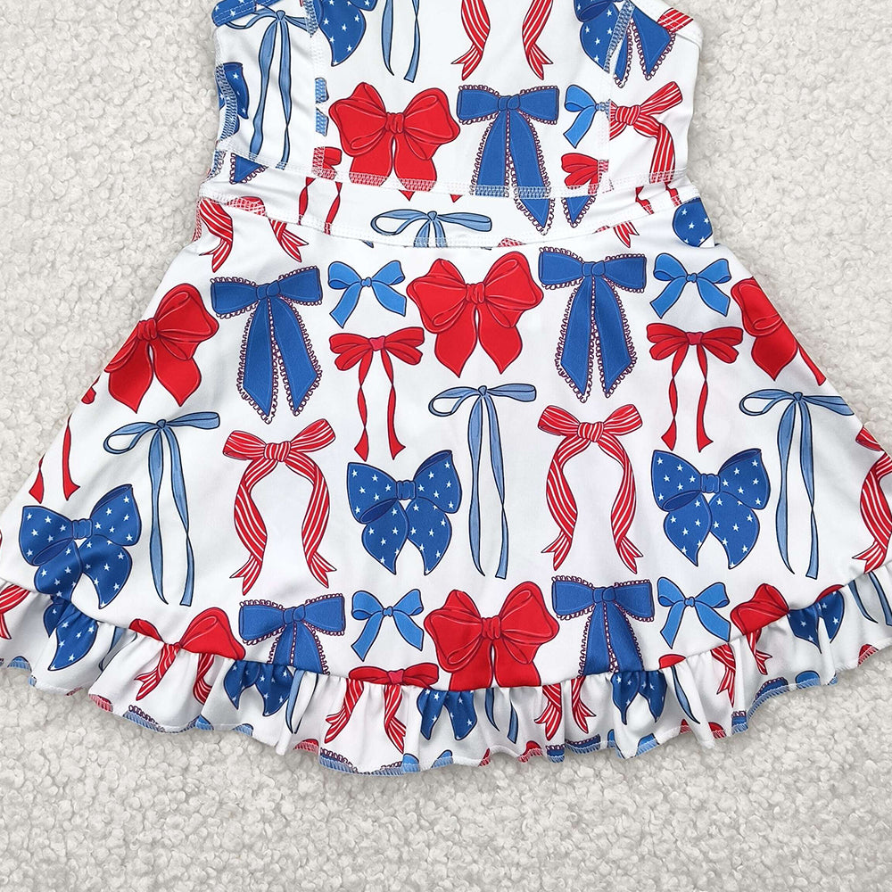 6.21 GSD2345 RTS NO MOQ Baby Girls Summer Yoga Dress Baby Girls Strap Blue Red Bows 4th Of July Yoga Active Knee Length Dresses