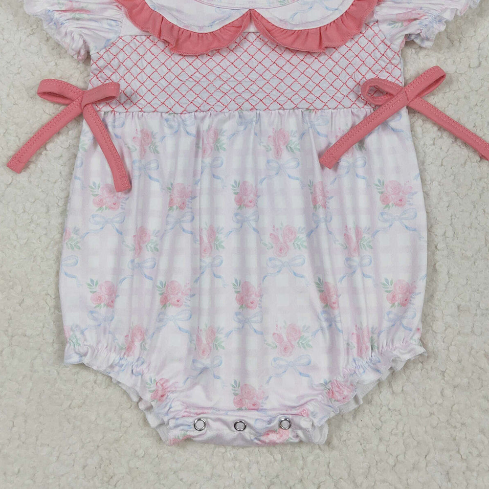 6.10 SR2917 RTS NO MOQ Baby Girls Summer Rompers EmbroideryShort sleeves floral bow plaid baby girls summer romper