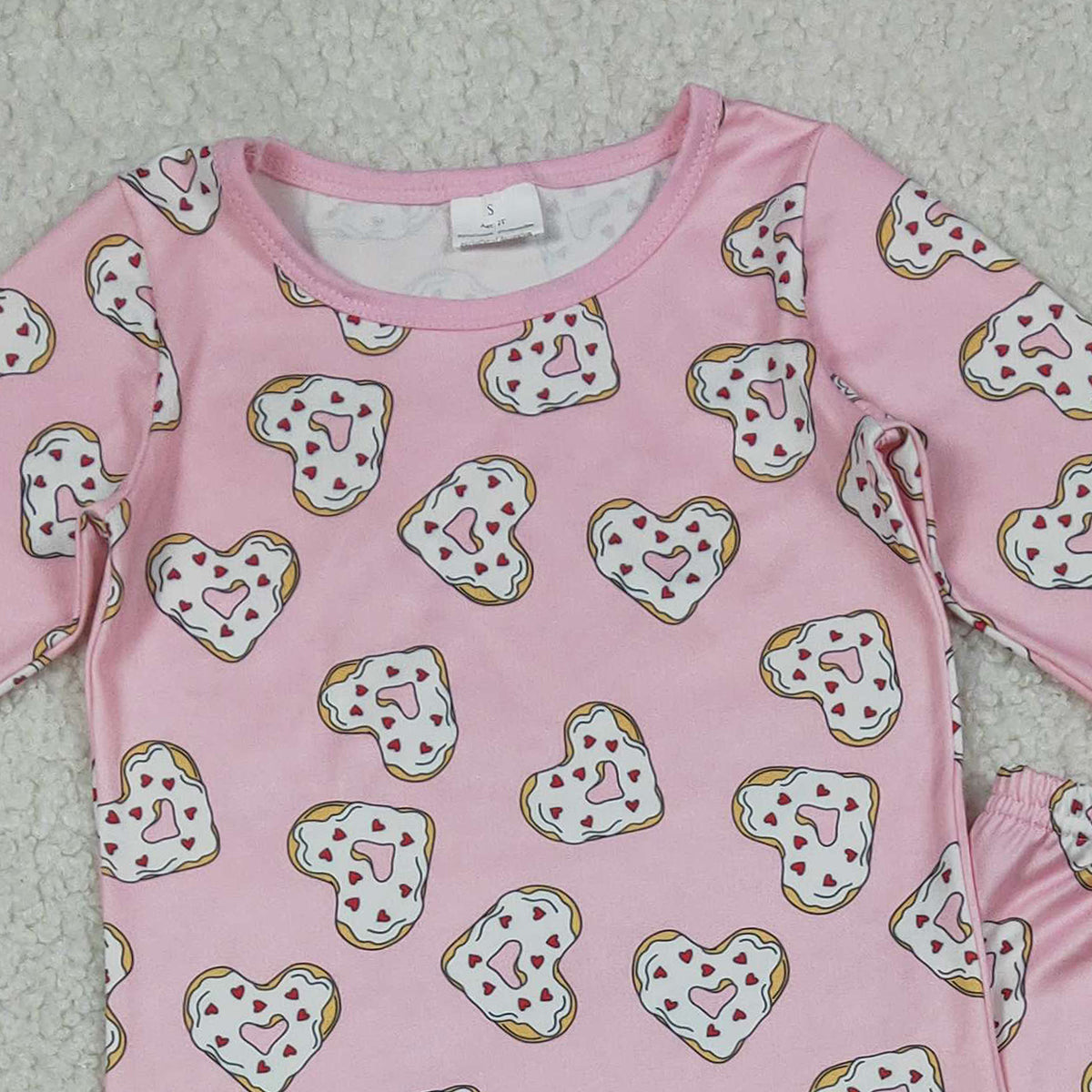1.14 RTS NO MOQ （In stock）GLP3245 Baby Girls Pink Donuts Hearts Top Pants Valentines Pajamas Sets