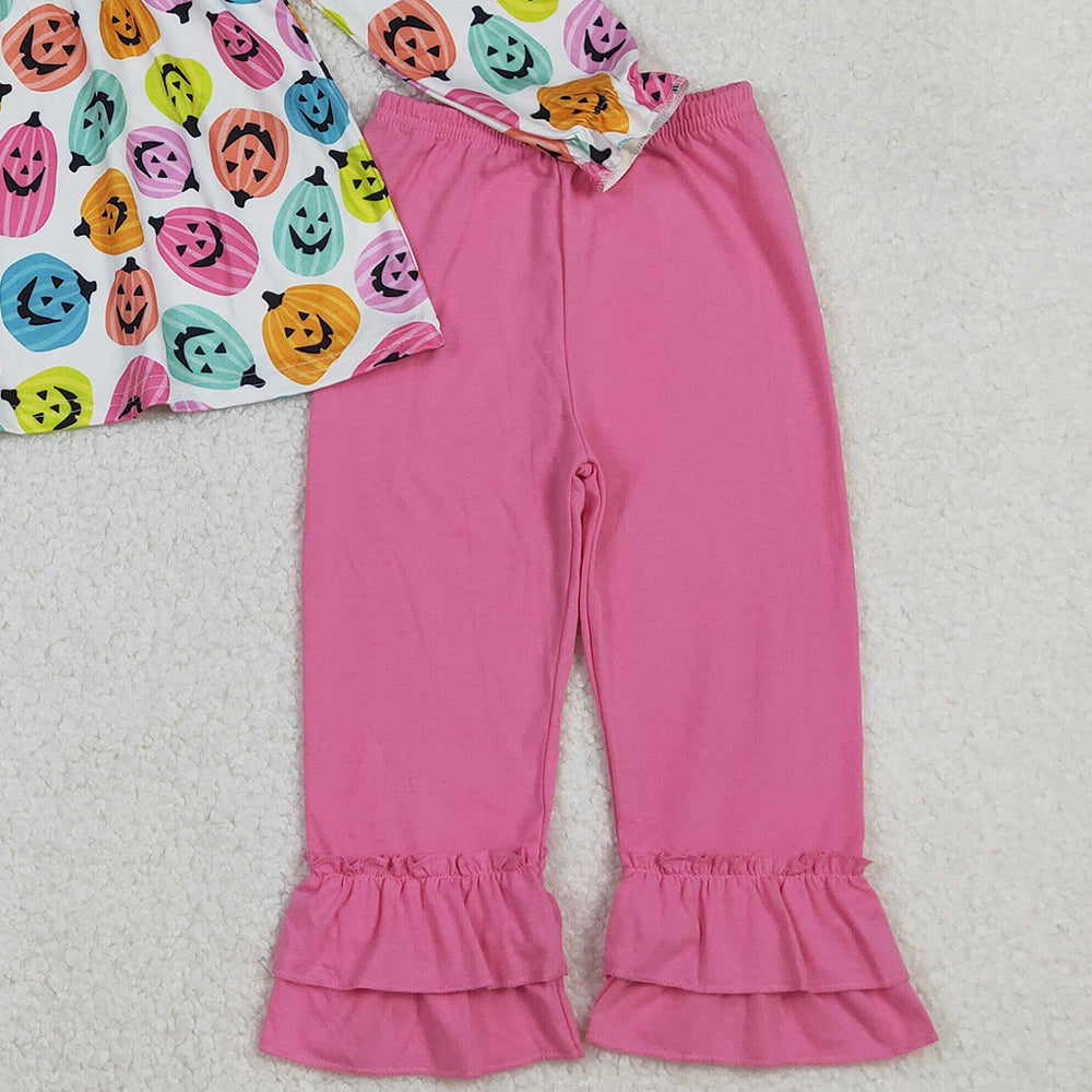 RTS NO MOQ （In stock）GLP2569 Baby Girls Winter Outfits Halloween Colorful Ghost Pumpkins Top Ruffle Pants Sets