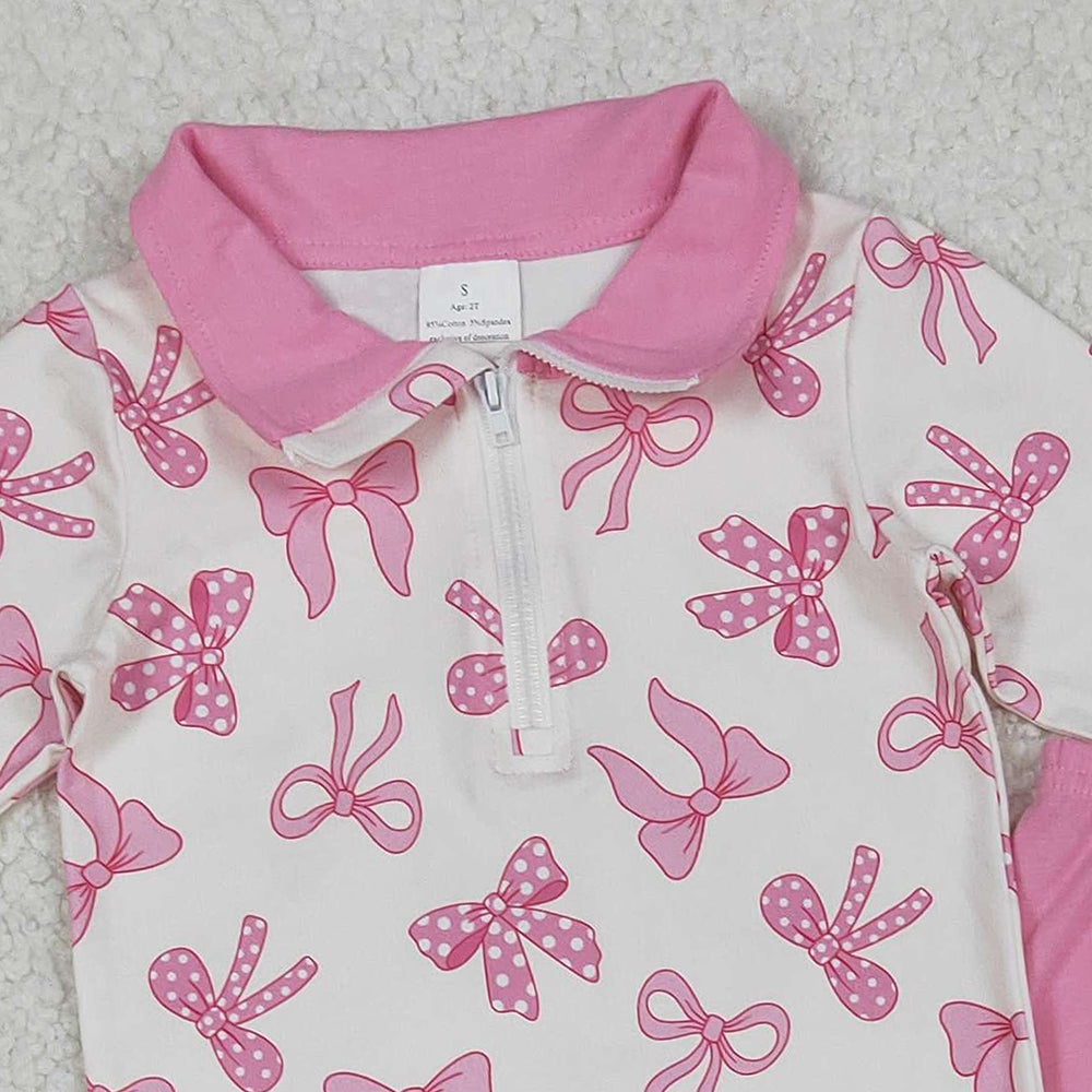 RTS NO MOQ （In stock）GLP2778 Baby Girls Winter Outfits Pink Bows Zipper Pullover Ruffle Legging Pant Fall Clothes Sets