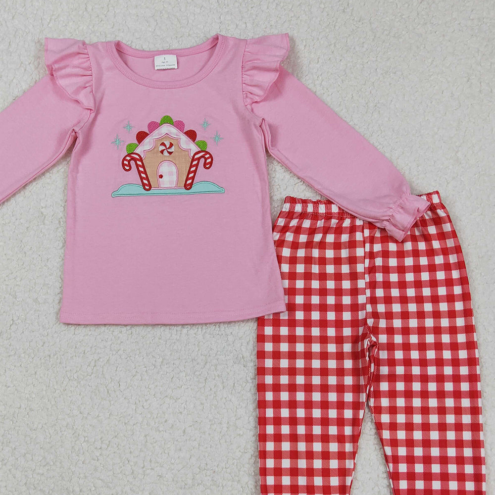 RTS NO MOQ （In stock）GLP2523 Baby Girls Winter Outfits Pink Christmas Candy Cane Print Top with Red Plaid Pants Outfit