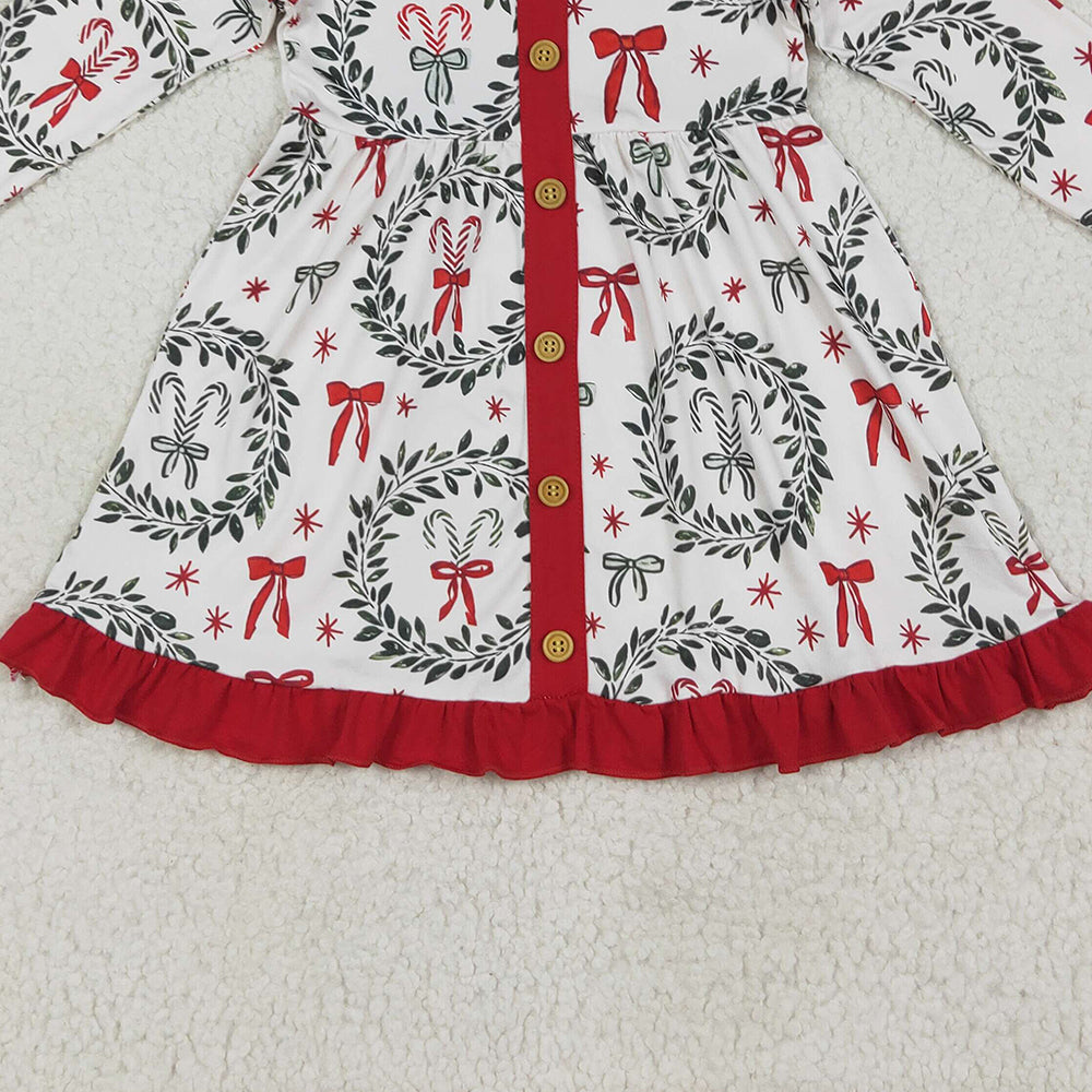 8.15 GLD1082 RTS NO MOQ Baby Girls Winter Dress Baby Girls Long Ruffle Sleeves Green Red Bows Button Knee Length Dresses
