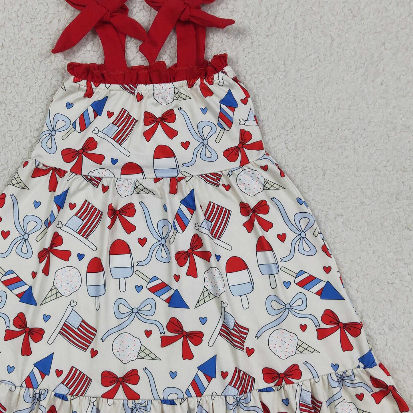 GSD3723 RTS NO MOQ （In stock ）Straps popsicle bow flag girls ruffle 4th of july dresses