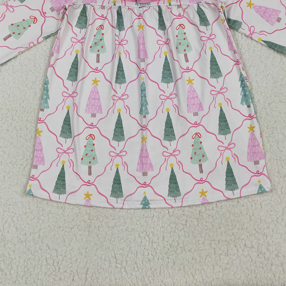 8.15 GLD1093 RTS NO MOQ Baby Girls Winter Dress baby girl clothes Christmas trees bow pink long sleeve dress