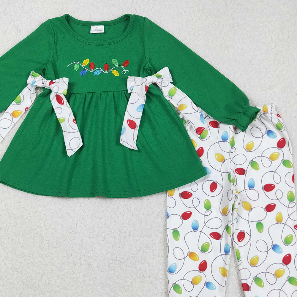 RTS NO MOQ （In stock）GLP2491 Baby Girls Winter Outfits Dark Green Long Ruffle Sleeve Tunic with Light Bow Detail Matching Pants