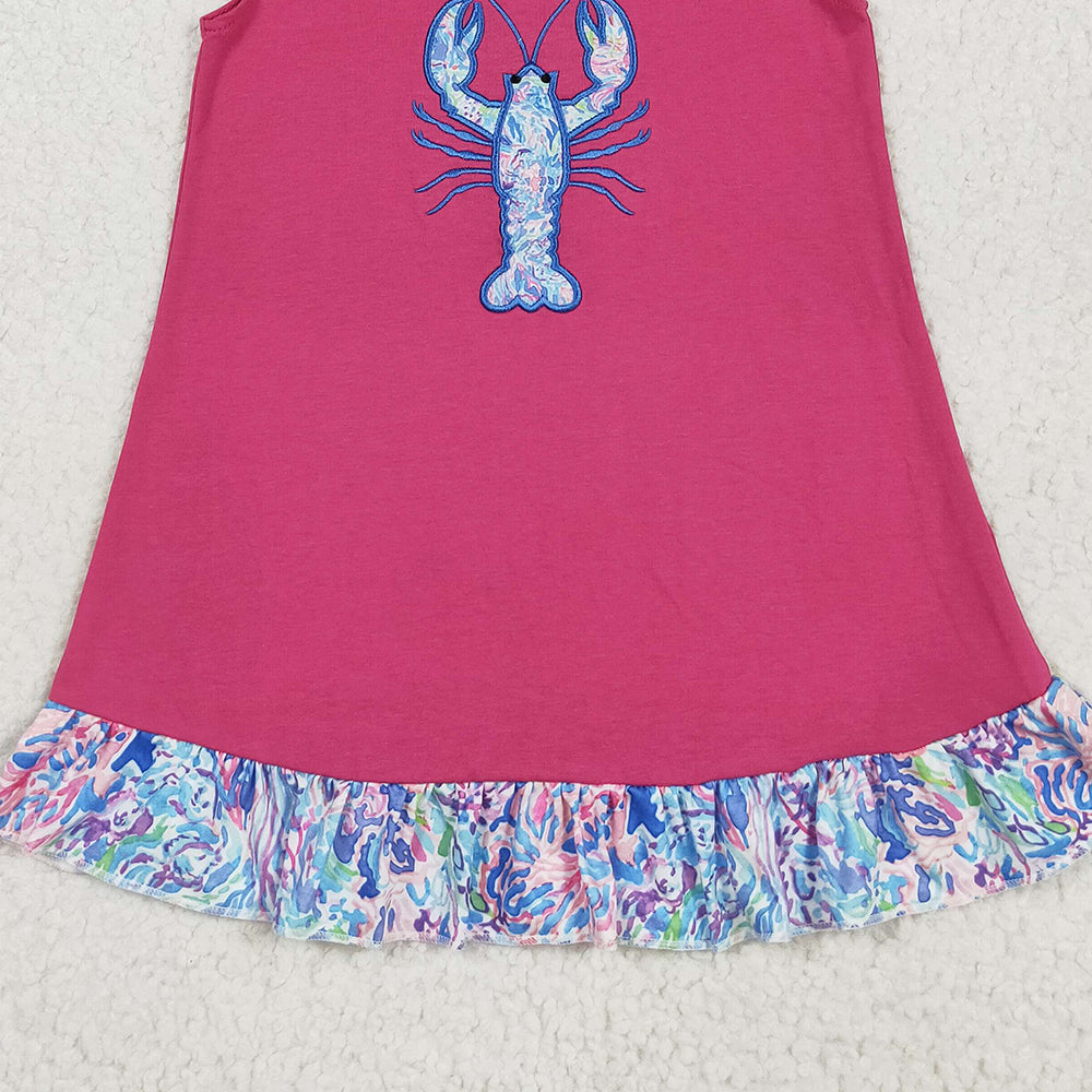 RTS NO MOQ （In stock）GSD2398 Baby Girls Summer Dress Embroidery Baby Girls Flutter Sleeves Floral Crayfish Knee Length Dress