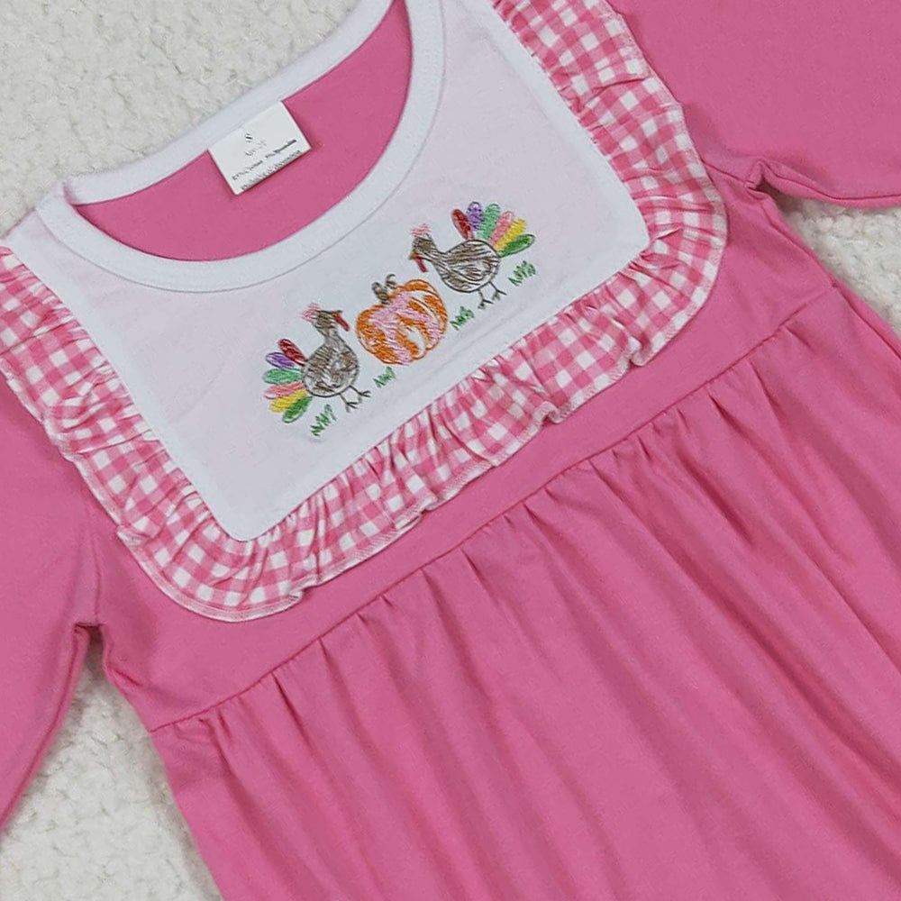 RTS NO MOQ （In stock）LR2287 Baby Girls Winter Rompers Baby Girls Pink Thanksgiving Turkey Pumpkins Ruffle Rompers