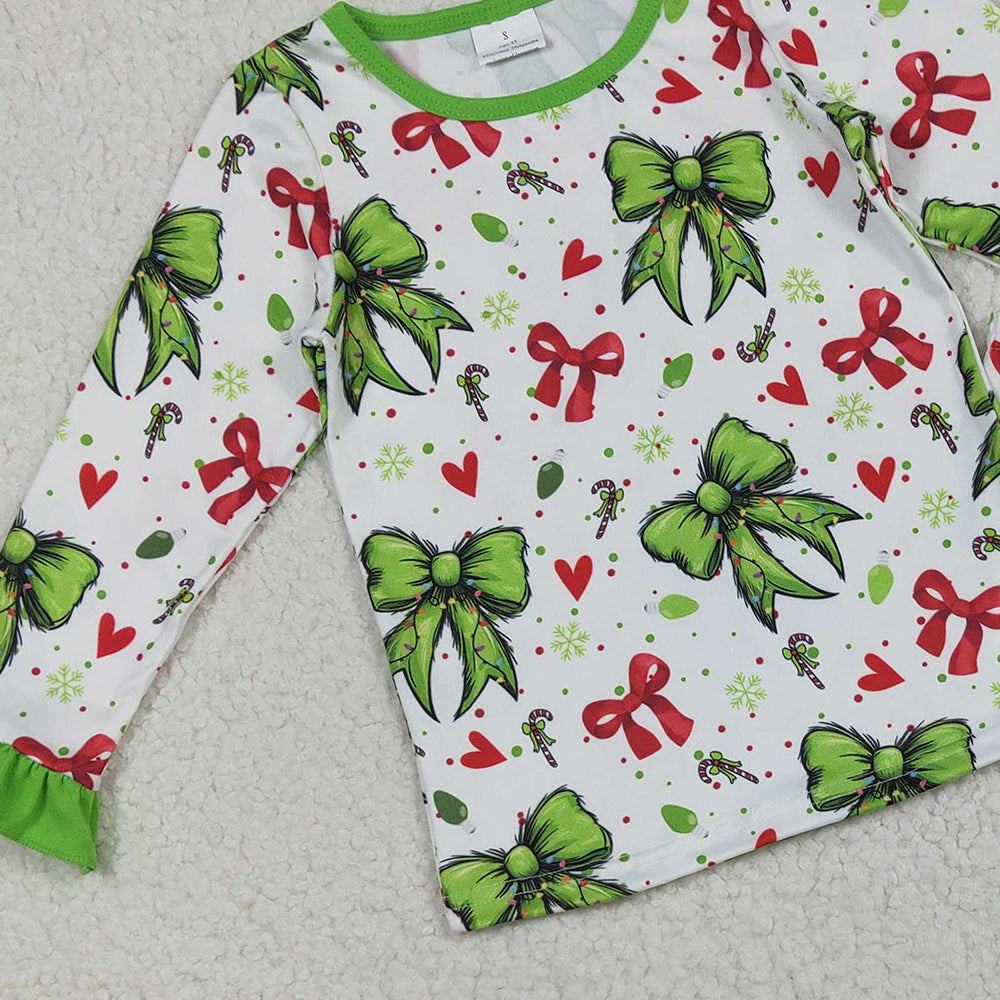 RTS NO MOQ （In stock）GLP2628 Baby Girls Winter Outfits Baby Girls Christmas Green Red Bows Hearts Top Pant Pajamas Sets