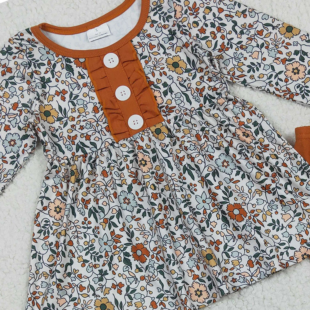8.22 RTS NO MOQ （In stock）GLP2404 Baby Girls Winter Outfits Baby Girls Fall Orange Floral Button Tunic Icing Legging Outfits Sets