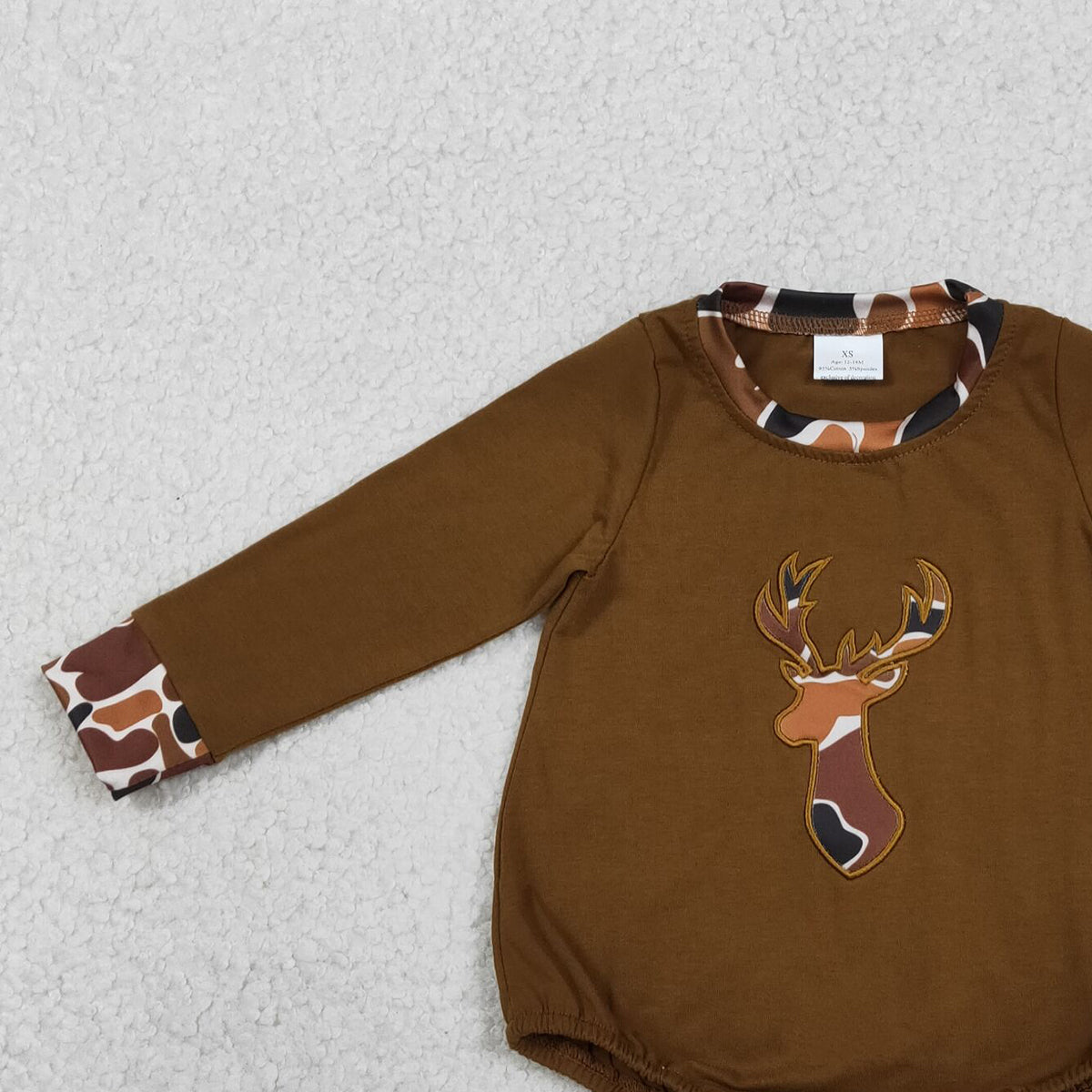 3.3 RST LR2260 Embroidery Camo Deer Baby Boys Brown Long Sleeve Hunting Rompers