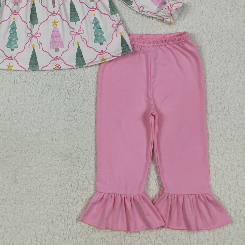 RTS NO MOQ （In stock） GLP2420 Baby Girls Winter Outfits Baby Girls Long Sleeves Trees Bows Plaid Tunic Ruffle Pant Set