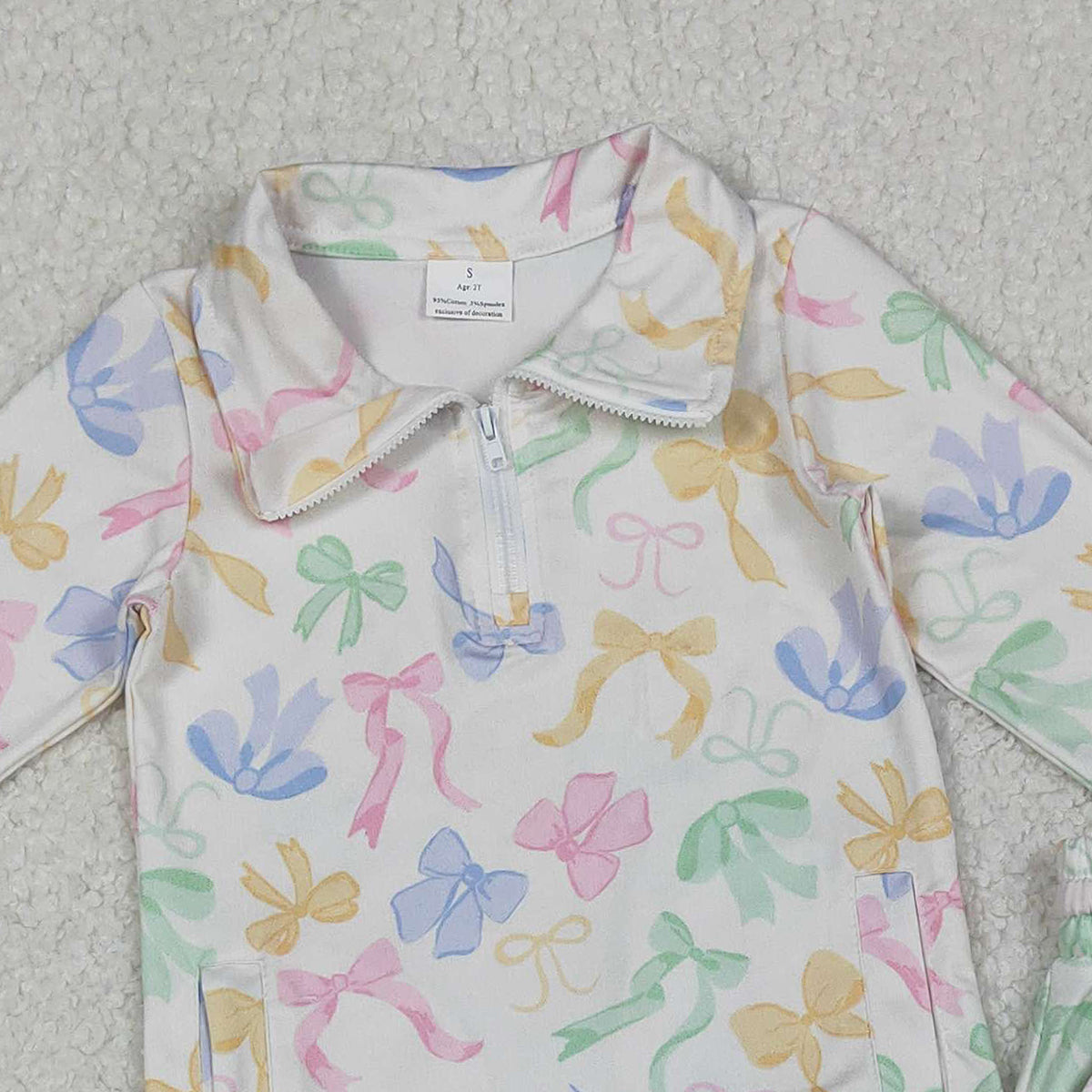 10.29 RTS NO MOQ （In stock）GLP2886 Baby Girls Colorful Bows Pockets Zipper Pullover Jogger Pants Clothes Sets