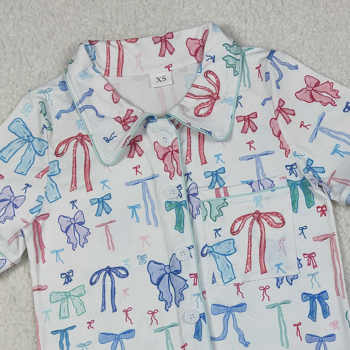 11.5 RTS NO MOQ （In stock）GSSO2216 Adult Women Colorful Bows Lapel Buttons Tops Shorts Pajamas