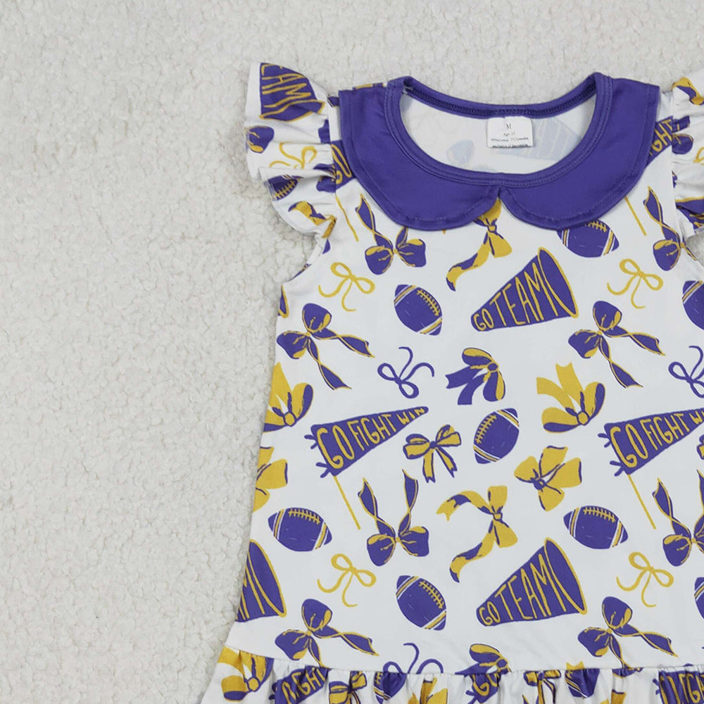 RTS NO MOQ （In stock）GSD2784 Baby Girls Summer Dress Flutter Sleeves Purple Cheer Bows Team Knee Length Dresses