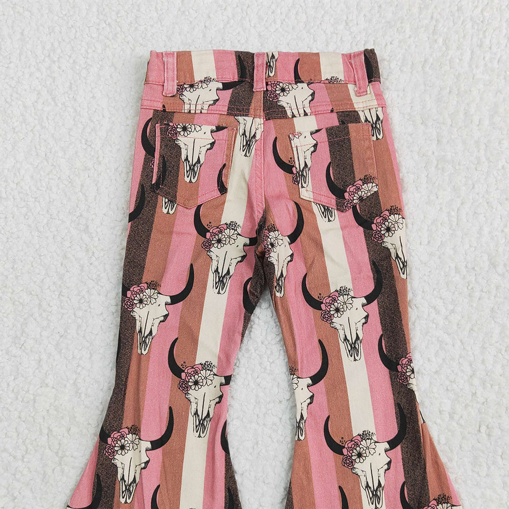 P0437RTS NO MOQ Baby Girls Denim Pants  Baby Girls Aztec Western Cow Skull Bell Flare Denim Pants