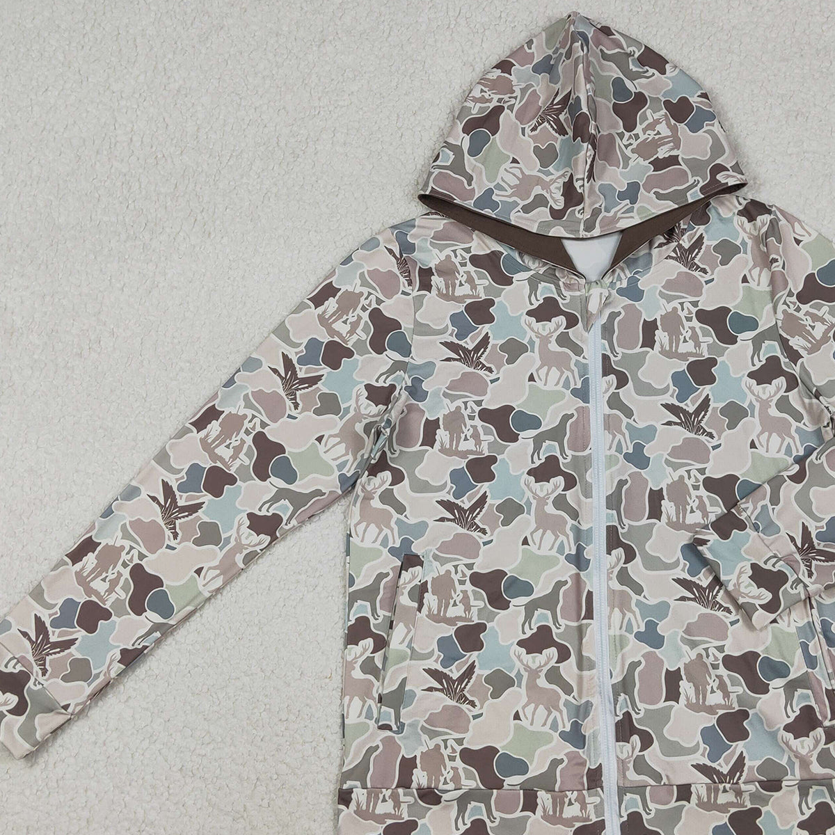 11.1 RTS NO MOQ （In stock）BT1392 Adult Men Dogs Ducks Hunting Camo Pockets Zipper Hoodies Jackets