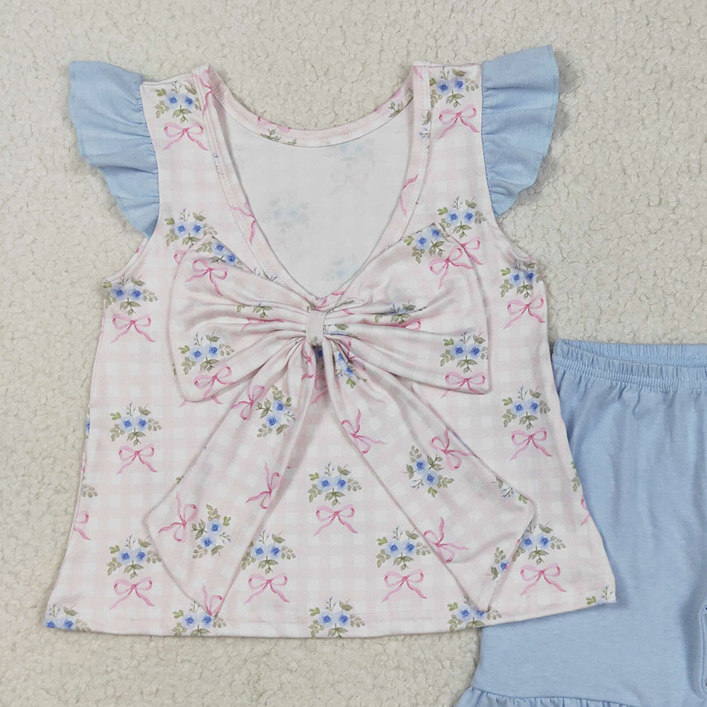 5.17  GSSO1577RTS NO MOQ Baby Girls Summer Outfits Baby Girls Floral Flutter Sleeves Top Blue Short Set