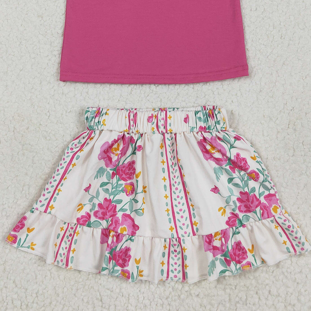 7.15 GSD2104RTS NO MOQ Baby Girls Summer Outfits Baby Girls Hot Pink Sleeveless Top Ruffle Floral Stripe Skirt Set
