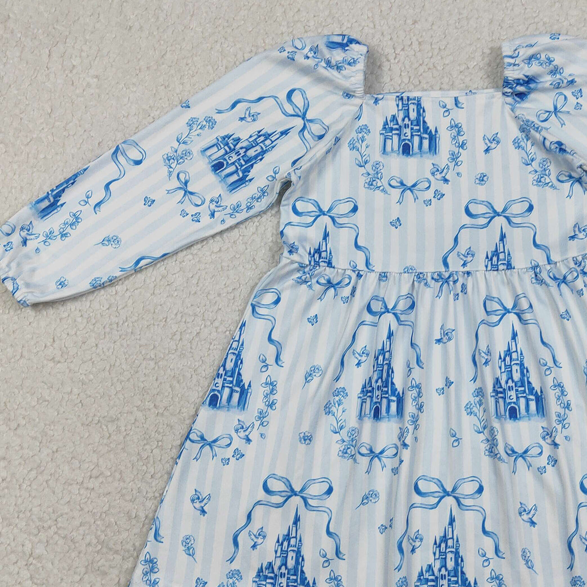 1.20 RTS NO MOQ （In stock）GLD1567 Baby Girls Winter Dress Baby Girls Blue Stripe Bows Castles Knee Length Dresses