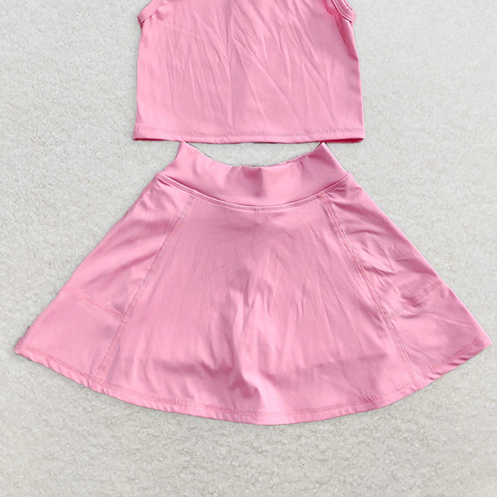 GSD1978RTS NO MOQ Baby Girls Yoga Outfits Dark Pink Sleeveless Top Skirt Set Kids Girls Active Wear Outfit