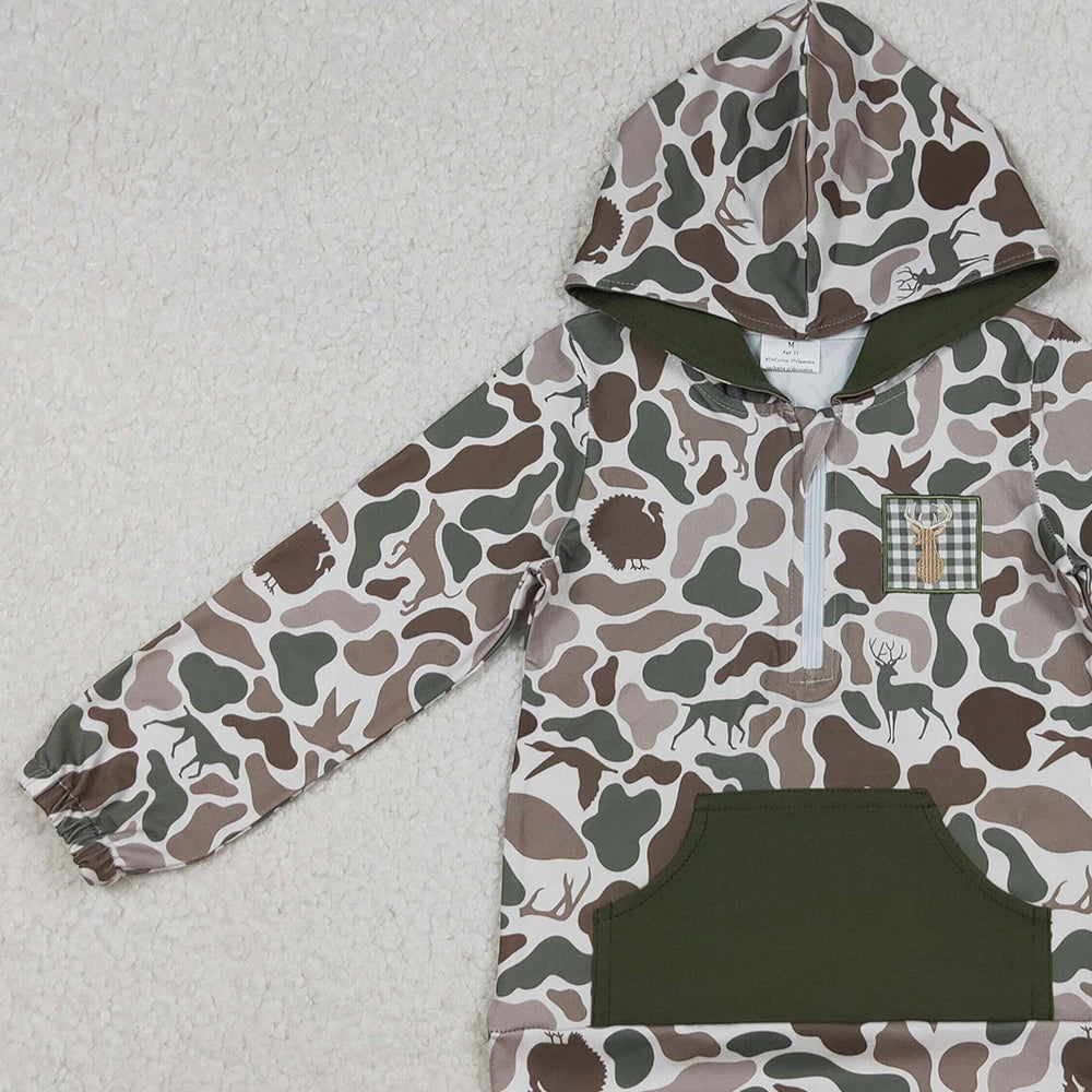10.11 RTS NO MOQ （In stock）BT1304 Embroidery Deer Baby Boys Dog Ducks Camo Pocket Zipper Hunting Hoodies
