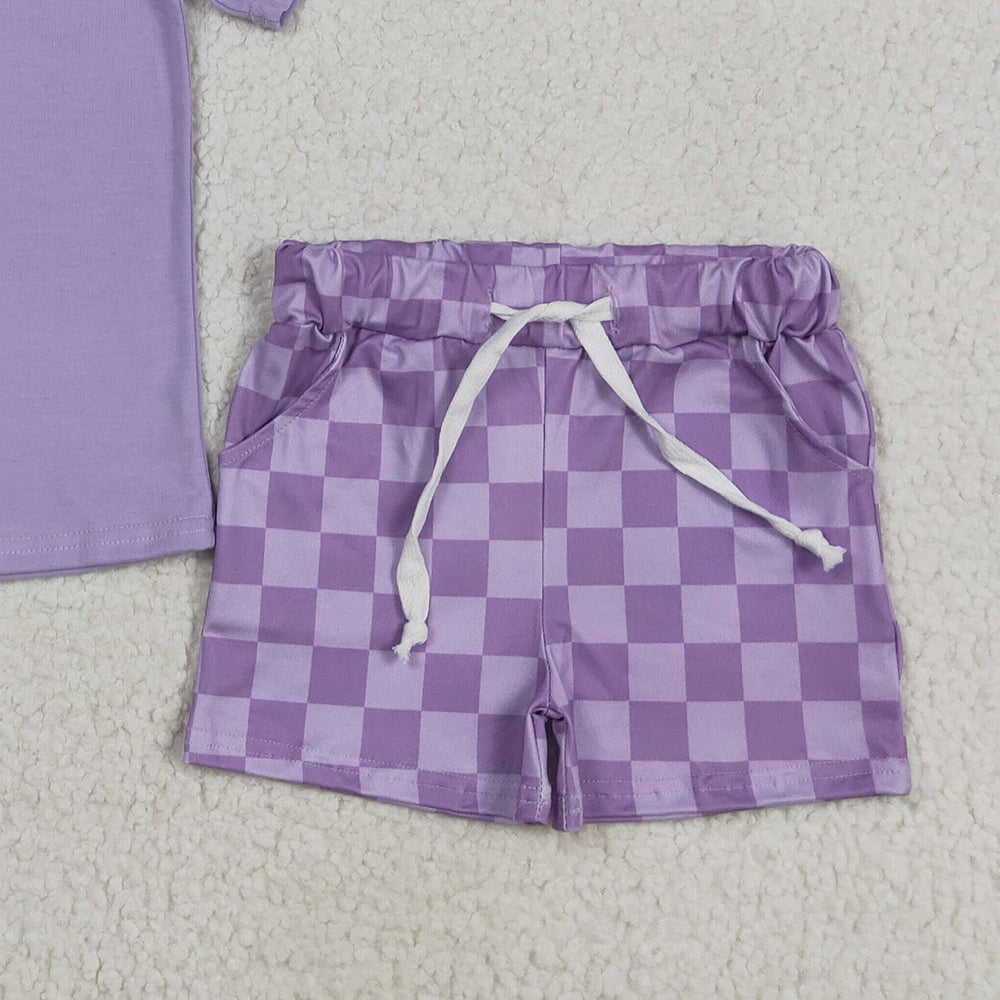 7.15  GSSO2524RTS NO MOQ Baby Girls Summer Outfits Baby Girls Lavender Short Sleeves Top Plaid Short Set